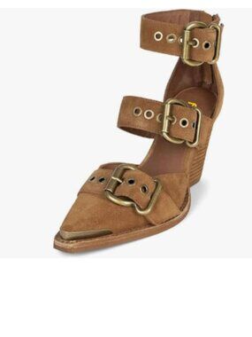 FSJ Camel Suede Women's Pointed Toe Strappy Wedge Heel Sandals